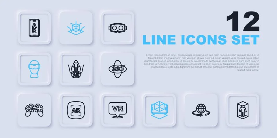 Set line 3d modeling, Augmented reality AR, Virtual glasses,  and  icon. Vect Illustrazione stock