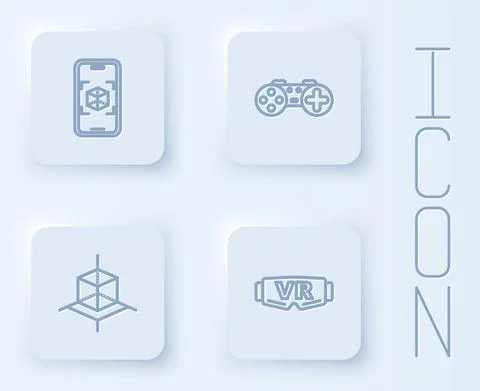 Set line 3d modeling, Gamepad, and Virtual reality glasses. White square button Stock Illustration