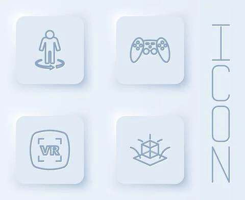 Set line 3d modeling, Gamepad, Virtual reality and . White square button. Vector Stock Illustration