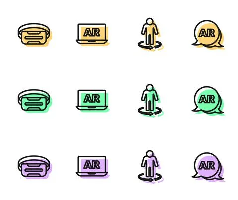 Set line 3d modeling, Virtual reality glasses, Augmented AR and icon. Vector Stock Illustration