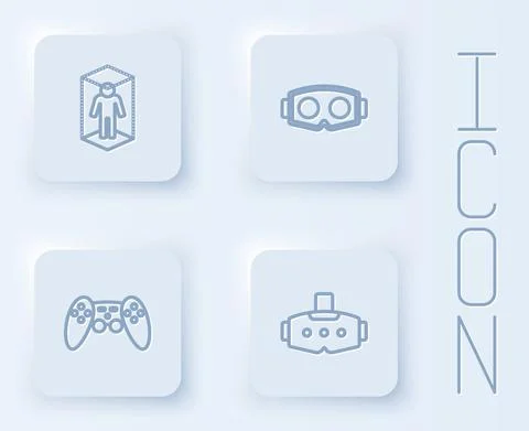 Set line 3d modeling, Virtual reality glasses, Gamepad and . White square button Stock Illustration