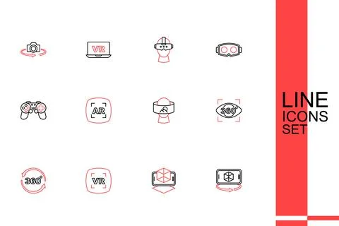 Set line 3d modeling, Virtual reality, 360 degree view, glasses, Augmented .. Illustrazione stock