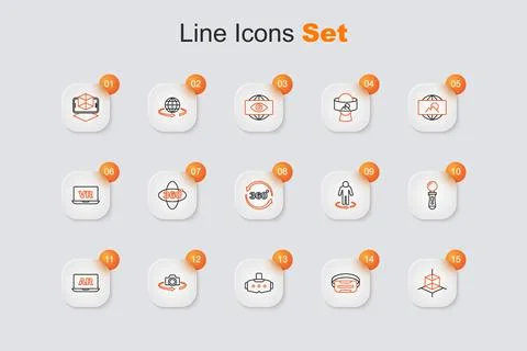 Set line 3d modeling, Virtual reality glasses, 360 degree view, Augmented A.. Stock Illustration
