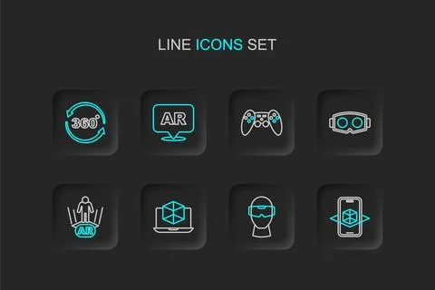 Set line 3d modeling Virtual reality glasses Augmented AR Gamepad and 360 deg Stock Illustration