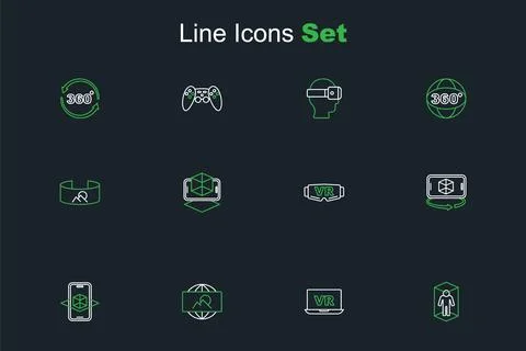 Set line 3d modeling, Virtual reality, Wide angle picture, glasses,  and 36.. Stock Illustration