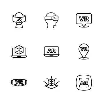 Set line 3d modeling, Virtual reality, Augmented AR, glasses,  and  icon. V.. Stock Illustration