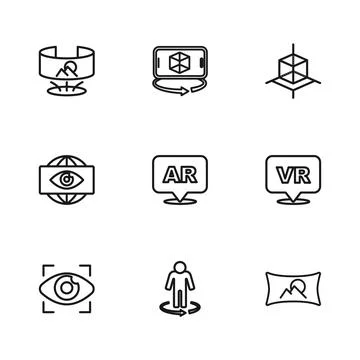 Set line 3d modeling, Virtual reality, Wide angle picture, Augmented AR, 36.. Stock Illustration