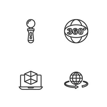 Set line 3d modeling, VR controller game and 360 degree view icon. Vector 스톡 일러스트