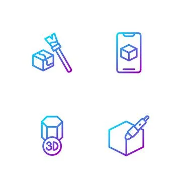 Set line 3d pen tool, 3D printer, Isometric cube and software. Gradient color Ilustração Stock