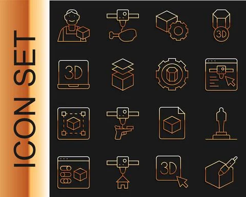 Set line 3d pen tool, 3D printer model, setting, Isometric cube, Layers, Graphic Ilustração Stock