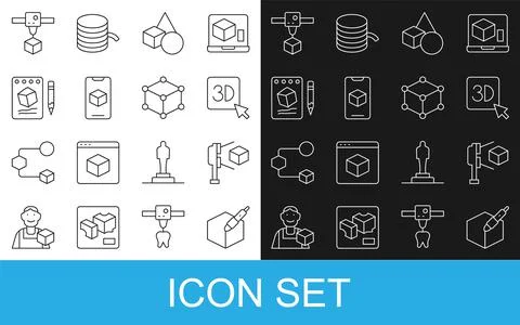 Set line 3d pen tool, 3D scanner with cube, printer, Basic geometric shapes,  Stock Illustration