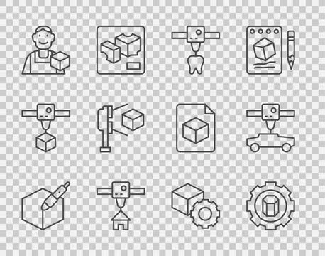 Set line 3d pen tool, 3D printer setting, tooth, house, Graphic designer, sca Stock Illustration