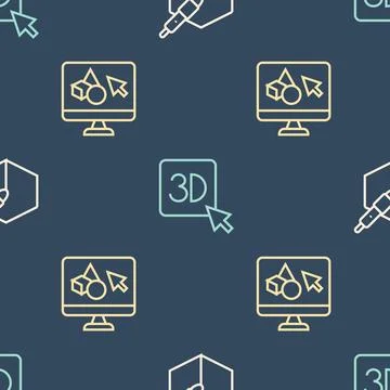 Set line 3d pen tool, 3D printer software and on seamless pattern. Vector Stock Illustration