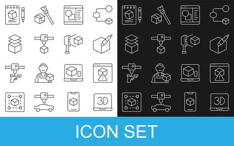 Set line 3D printer, 3d pen tool, software, cube, Layers, Sketch on paper and Ilustração Stock