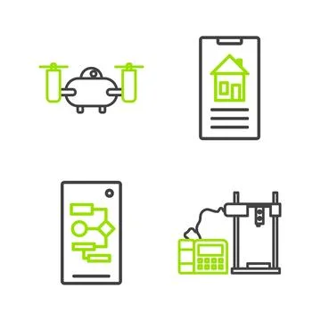 Set line 3D printer, Algorithm, Smart home and Drone flying with action cam.. Stock Illustration