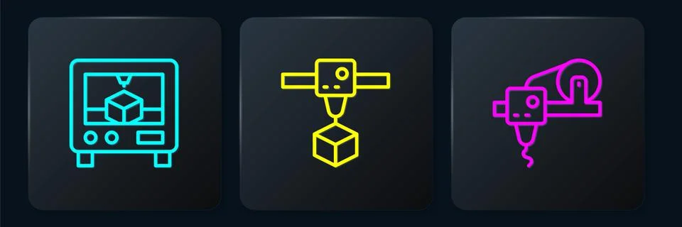 Set line 3D printer, and cube. Black square button. Vector 스톡 일러스트