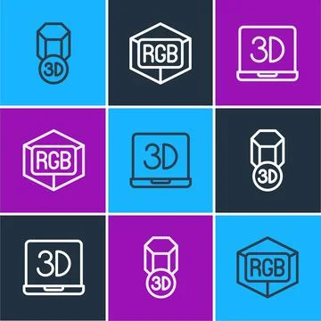 Set line 3D printer, and RGB and CMYK color mixing icon. Vector 스톡 일러스트
