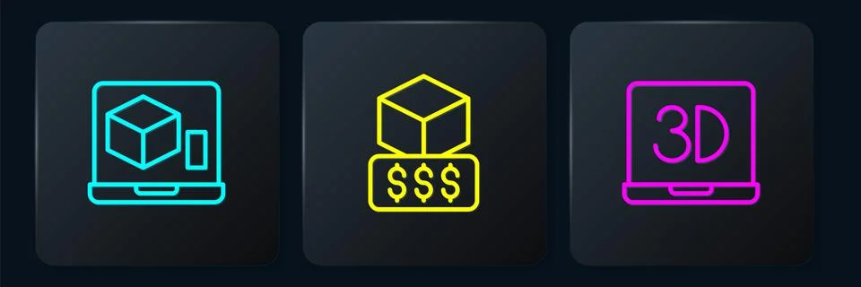 Set line 3D printer, and services. Black square button. Vector Illustrazione stock