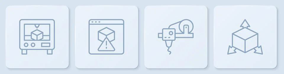 Set line 3D printer, ,  and Isometric cube. White square button. Vector Stock Illustration