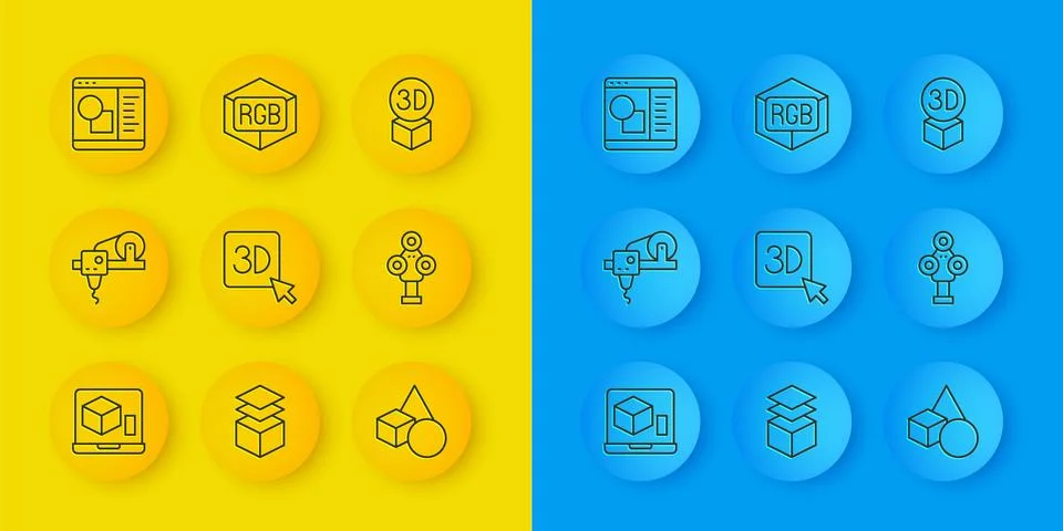 Set line 3D printer, Basic geometric shapes, scanner, software, Isometric c.. Stock Illustration