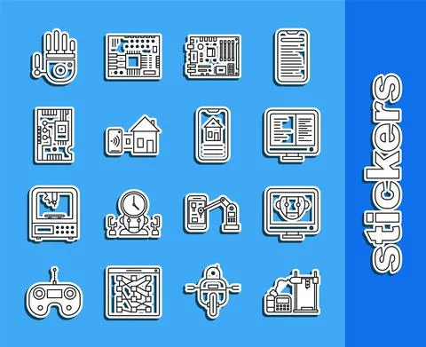 Set line 3D printer, Bot, Computer monitor screen, Electronic computer Stock Illustration