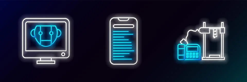Set line 3D printer, Bot and Computer api interface icon. Glowing neon. Vecto 스톡 일러스트
