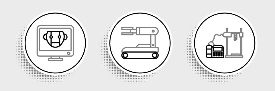 Set line 3D printer, Bot and Robot icon. Vector 스톡 일러스트