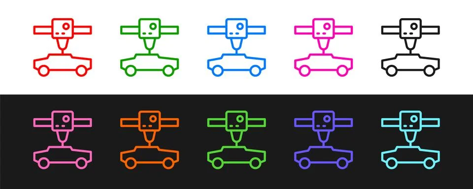 Set line 3D printer car icon isolated on black and white background. 3d printing Stock Illustration