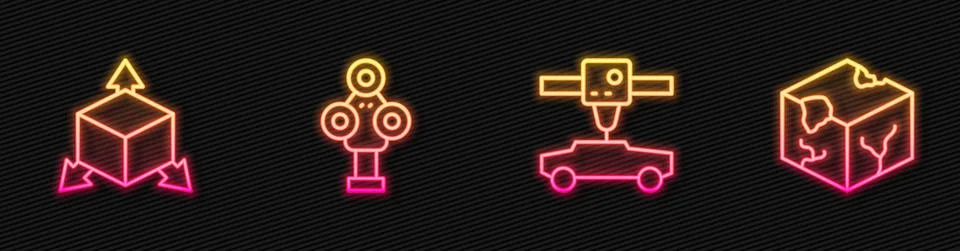 Set line 3D printer car, Isometric cube, scanner and . Glowing neon icon. Vector Stock Illustration