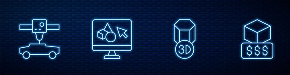Set line 3D printer, car, software and services. Glowing neon icon on brick wall Ilustração Stock