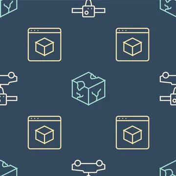 Set line 3D printer car, and Isometric cube on seamless pattern. Vector Stock Illustration