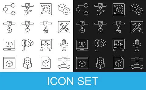 Set line 3D printer car, scanner, setting, Geometric figure Cube, tooth, cube Stock Illustration