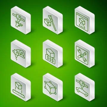 Set line 3D printer car, Isometric cube, gun, services, and setting icon. Vector Illustrazione stock