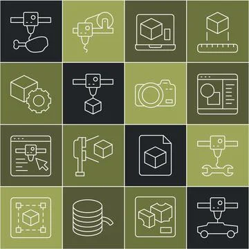 Set line 3D printer car, wrench spanner, software, cube, Isometric, chicken l Ilustração Stock