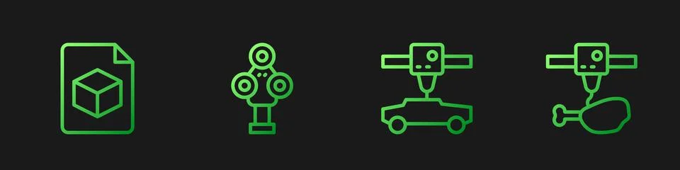 Set line 3D printer car, Isometric cube file, scanner and chicken leg. Gradie Stock Illustration