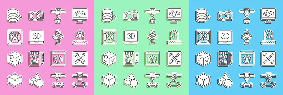 Set line 3D printer car, setting, Isometric cube, house, Geometric figure Cube Stock Illustration