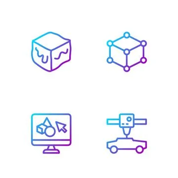 Set line 3D printer car, software, Isometric cube and . Gradient color icons Ilustração Stock