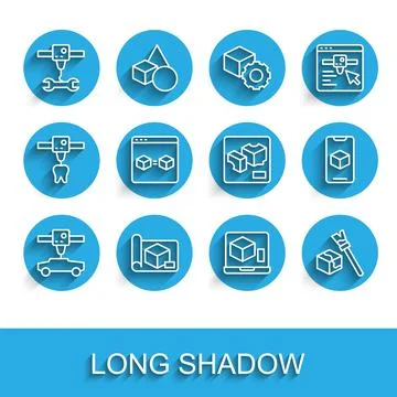 Set line 3D printer car, Graphing paper for engineering, wrench spanner, Is.. Stock Illustration