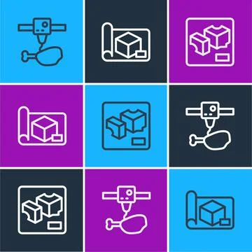Set line 3D printer chicken leg, and Graphing paper for engineering icon. Vector Stock Illustration