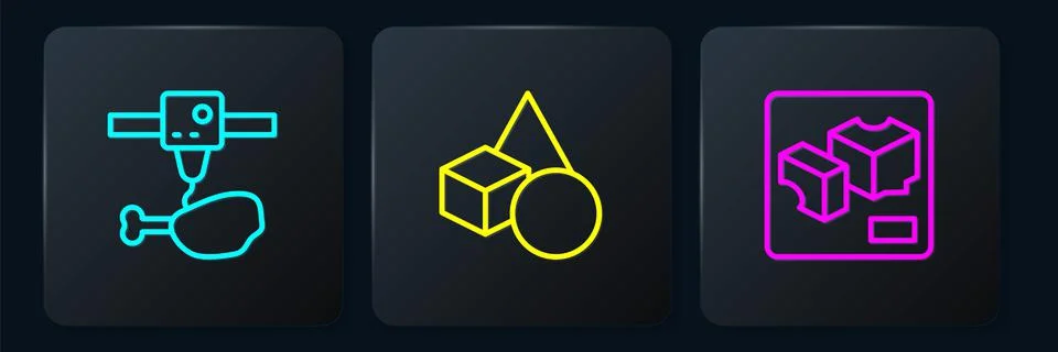 Set line 3D printer chicken leg, and Basic geometric shapes. Black square button Illustrazione stock
