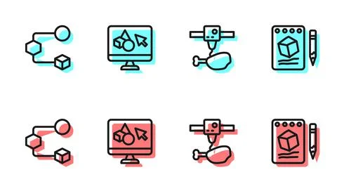 Set line 3D printer chicken leg, Isometric cube, software and Sketch on paper Ilustração Stock