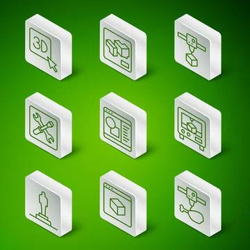 Set line 3D printer chicken leg, software, setting, model and icon. Vector Stock Illustration