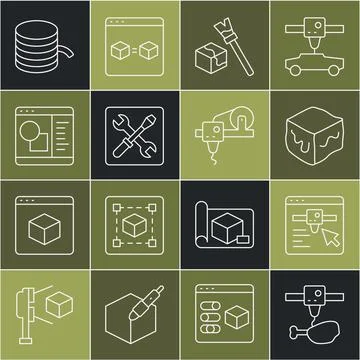Set line 3D printer chicken leg, setting, Isometric cube, software, Filament for Ilustração Stock