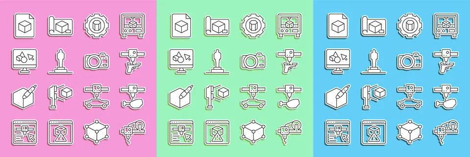 Set line 3D printer, chicken leg, gun, setting, model, software, Isometric cube Ilustração Stock