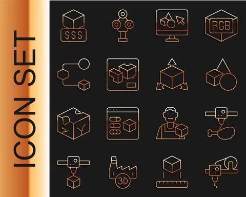 Set line 3D printer, chicken leg, Basic geometric shapes, software, Isometric Ilustração Stock