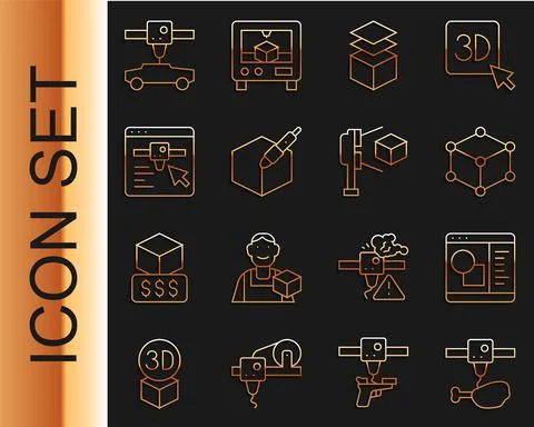 Set line 3D printer chicken leg, software, Isometric cube, Layers, 3d pen tool Ilustração Stock
