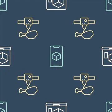 Set line 3D printer, chicken leg and software on seamless pattern. Vector Stock Illustration