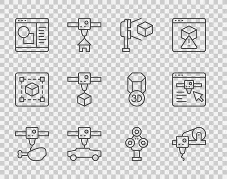 Set line 3D printer chicken leg, scanner with cube, car, software, and setting Ilustração Stock