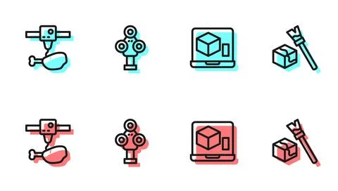 Set line 3D printer, chicken leg, scanner and Isometric cube icon. Vector Stock Illustration
