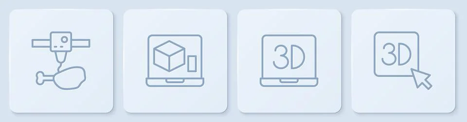 Set line 3D printer chicken leg, ,  and . White square button. Vector Stock Illustration